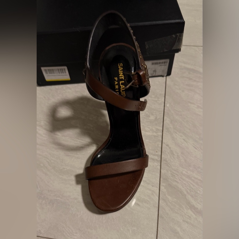 Saint Laurent Brown Leather Studded Platform Heel Sandal - Picture 7 of 11